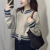 宽松气质 毛衣秋冬短款 百搭慵懒针织条纹外套拉链上衣2025新款 开衫