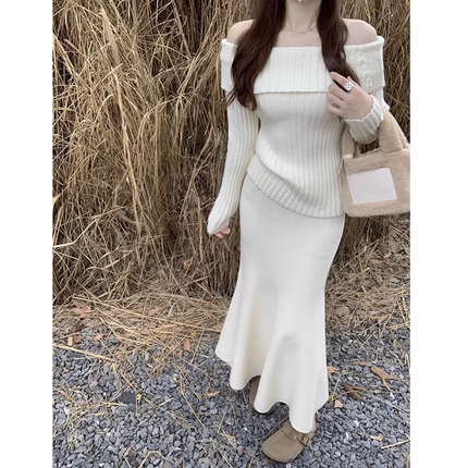 温柔风白色针织鱼尾半身裙女秋冬高级感气质毛线修身显瘦包臀长裙