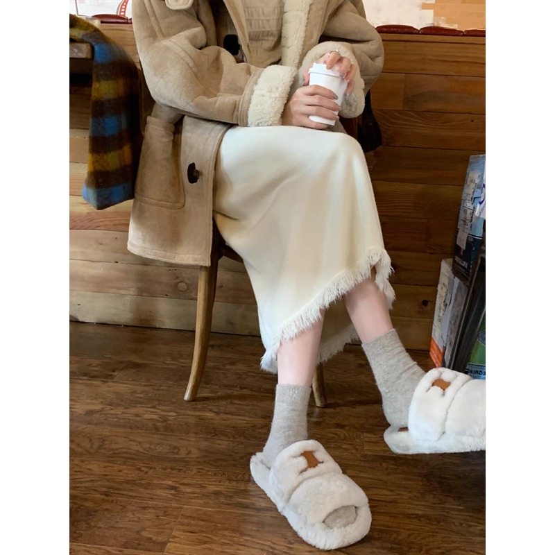 针织半身裙女流苏边A型开叉长裙