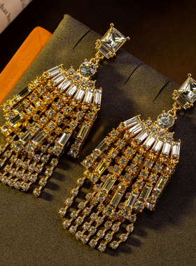 外贸靓丽流苏链条满钻高级感耳坠女欧美风中古vintage耳饰