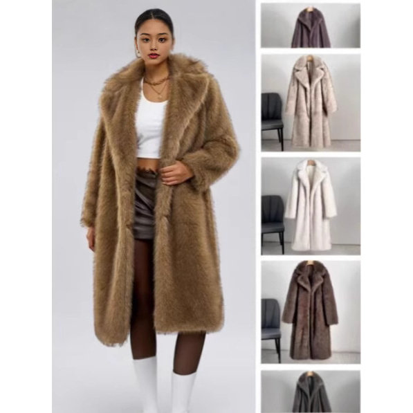 欧美秋冬女加长款仿皮草西服领外套大衣人造毛仿皮草外套上衣