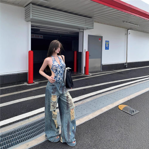 复古扎染废土风破洞阔腿牛仔裤女夏季设计感高腰显瘦直筒拖地裤子