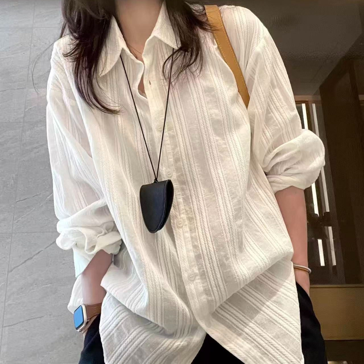 竖条纹纯棉提花白衬衫女春夏6松衬衫