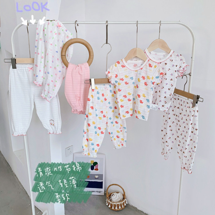 竹节棉儿童内衣套装 女童纯棉短袖裤子薄家居服 宝宝夏季空调服