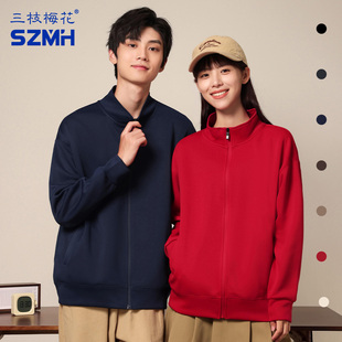 三枝梅花立领拉链外套男宽松加绒保暖休闲运动服女情侣款行政夹克