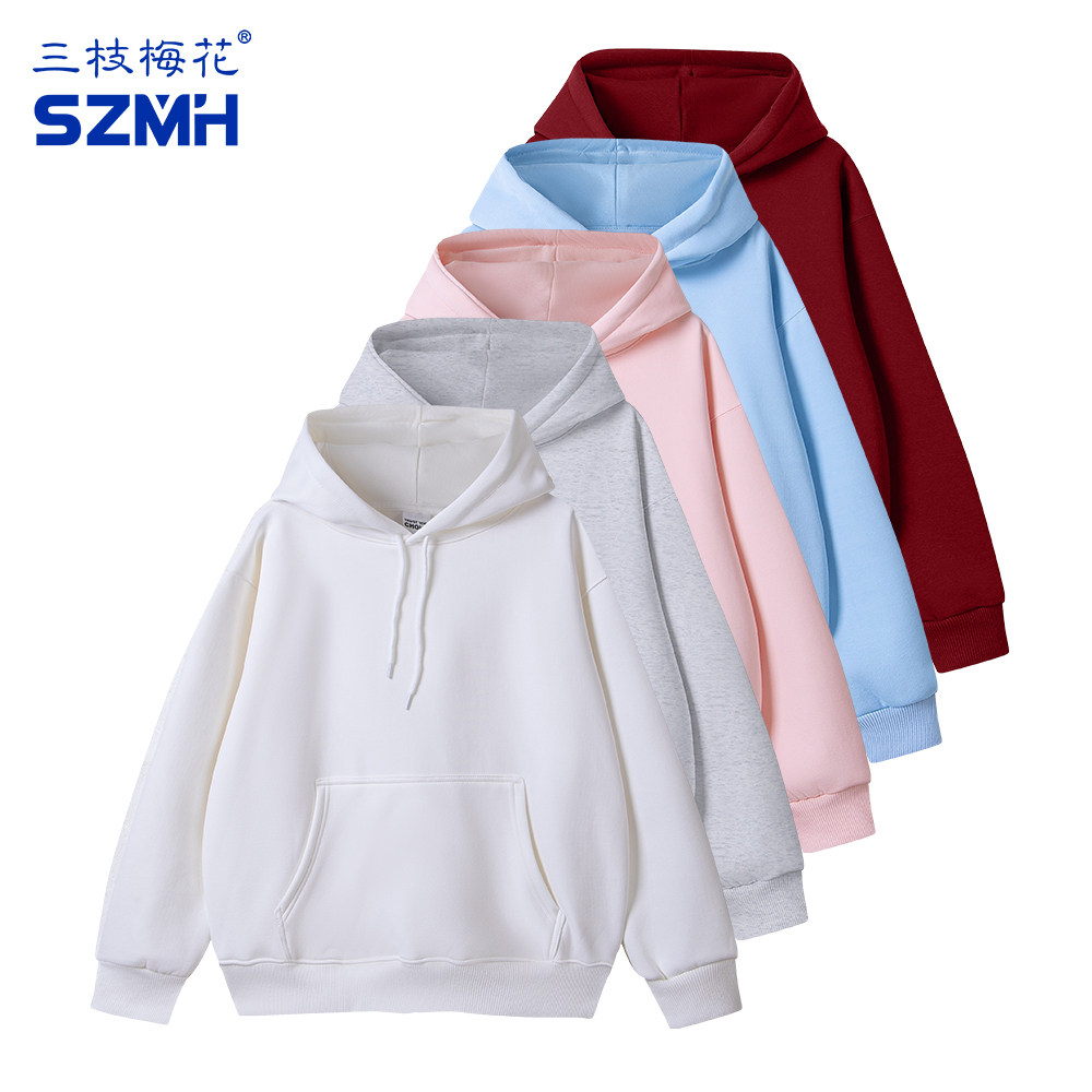 三枝梅花连帽卫衣男女款450g重磅纯棉加绒休闲套头衫宽松运动外套