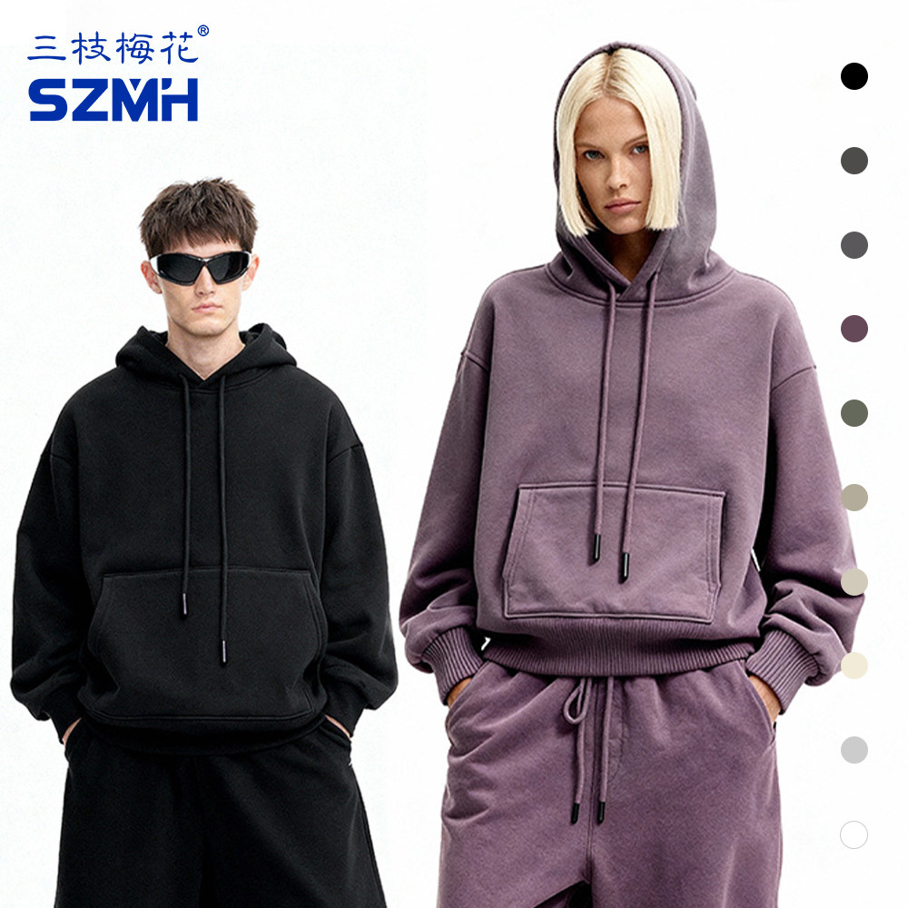 三枝梅花运动连帽卫衣男女款落肩宽松上衣秋冬加绒加厚情侣套头衫