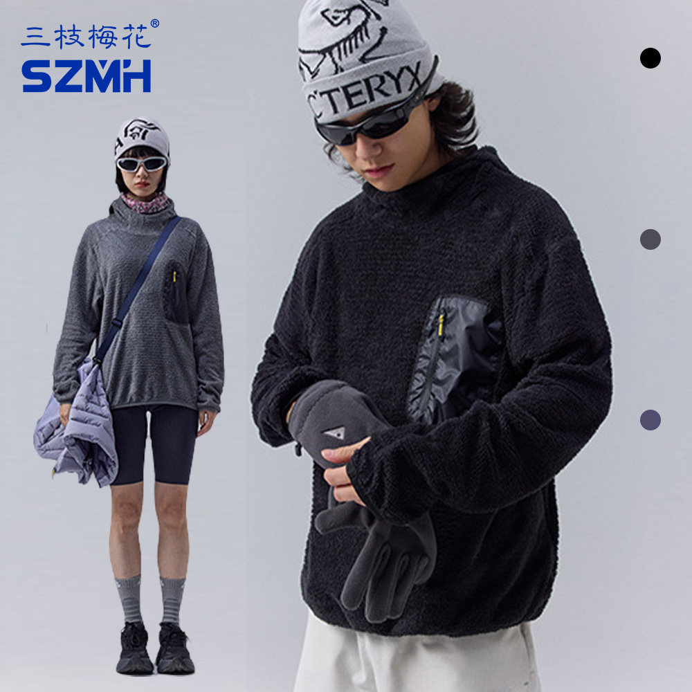 三枝梅花轻户外运动服男轻量透气连帽卫衣套头衫女保暖情侣长袖T