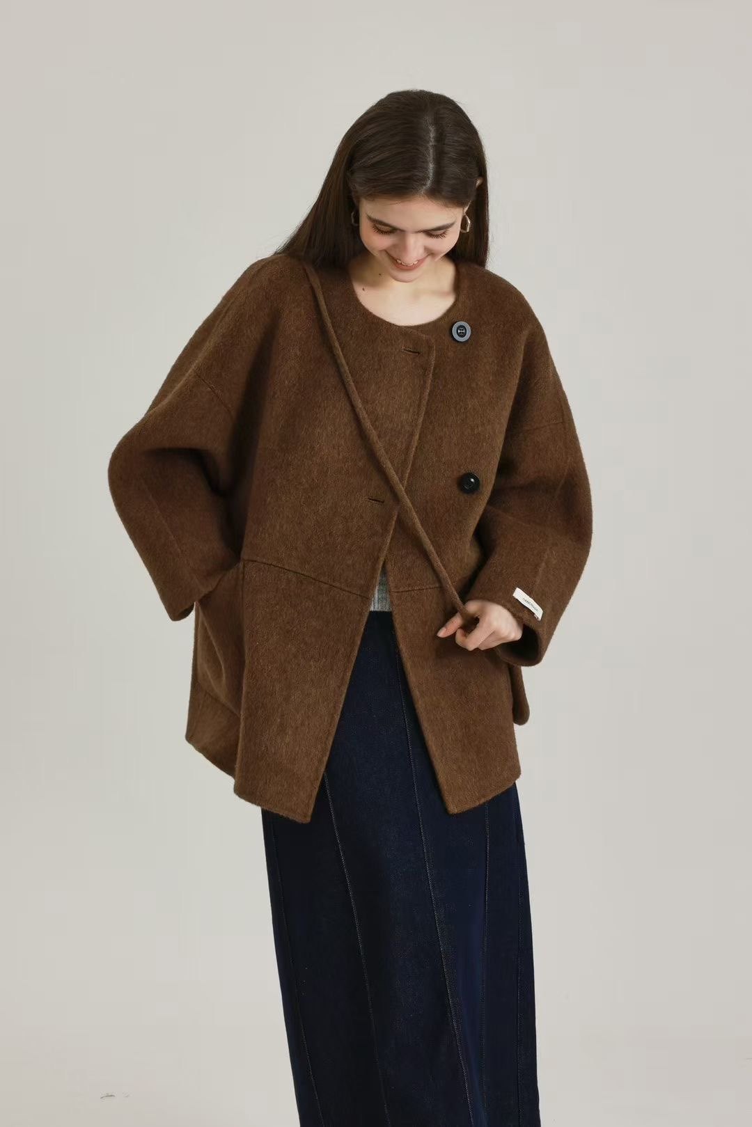 牦牛绒短款带包包羊毛大衣小个子女生韩系2024冬双面羊毛绒小外套