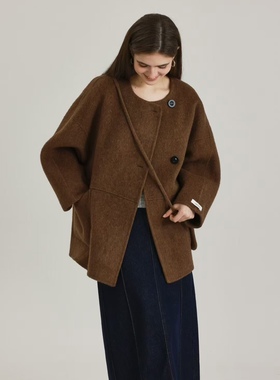 牦牛绒短款带包包羊毛大衣小个子女生韩系2024冬双面羊毛绒小外套