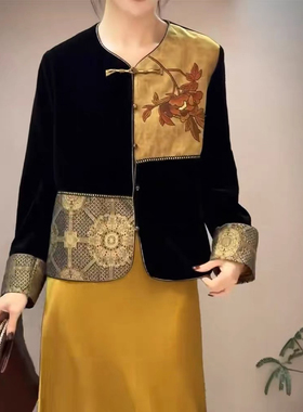 2252欧货高端重工刺绣丝绒拼接外套女 2025秋季新款百搭优雅上衣