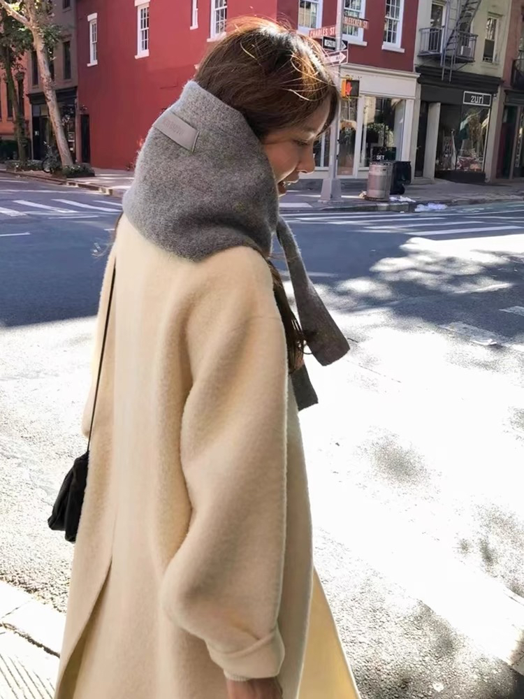 现货韩国冬季ounce翻领单排扣羊驼毛双面羊绒苏力大衣中长外套女