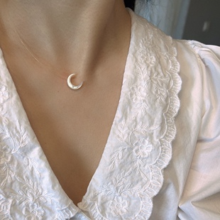 回馈 天然贝母月亮隐形鱼线项链925纯银纤细款月牙儿贝壳清冷气质