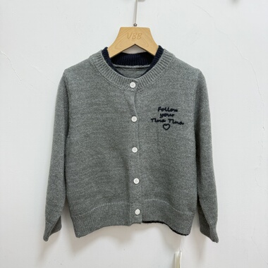 童装精品实体店男女童miu风藏青色灰色假两件针织开衫毛衣外套