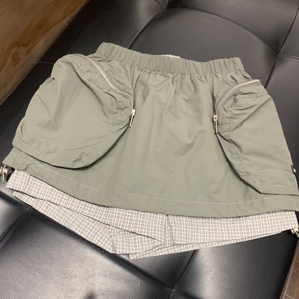 女童工装风假两件半身裙 夏季新款儿童防走光格子内衬裙裤 辣妹风