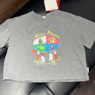 中小童浅灰彩色地球印花短袖 夏季 新款 前后双面花灰色纯棉上衣 T恤