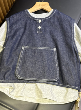 实体精品童装店 男童女童纯棉圆领长袖灰色卡通T恤 深蓝牛仔马甲