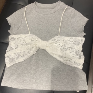 薄款 女童假两件 白色蕾丝蝴蝶结设计感甜美风夏季 新款 浅灰T恤 短袖
