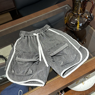 做旧水洗灰 白色拼条大口袋针织面料休闲短裤 男童女童夏款短裤