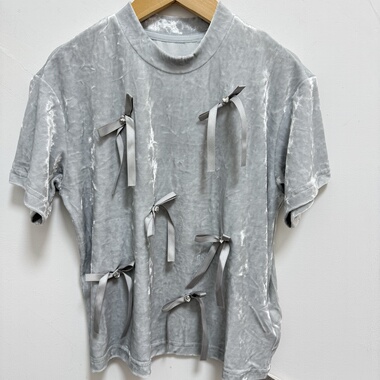 实体精品童装店女大童灰色丝绒立体蝴蝶结短袖T恤上衣