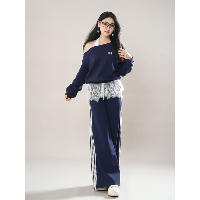 2025春季新款韩系休闲斜领露肩宽松卫衣+蕾丝打底+运动裤三件套女,女装/女士精品,时尚套装,淘宝优惠券,粉丝福利购,淘宝优惠卷