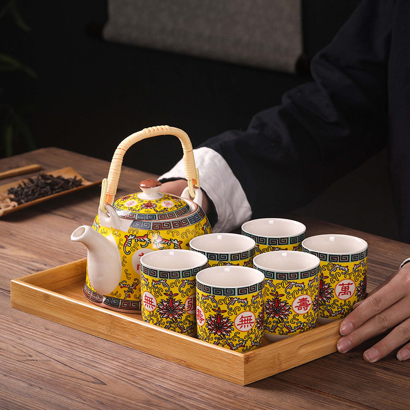 酒店茶楼提梁壶一壶六杯陶瓷茶具套装竹茶盘日式茗杯泡茶凉水壶