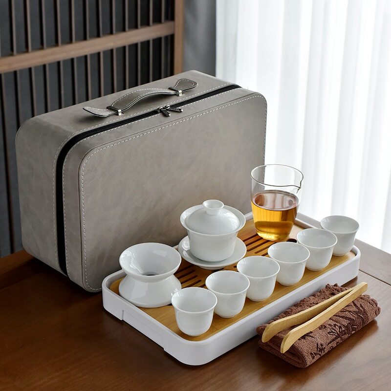 羊脂玉白瓷功夫茶具便携旅行带茶盘盖碗杯子茶艺教学商务礼套装