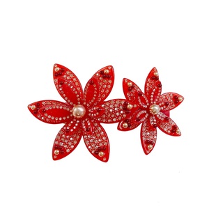 新年红色法式高端花朵弹簧发夹珍珠镶钻半扎发马尾夹顶夹一字横夹