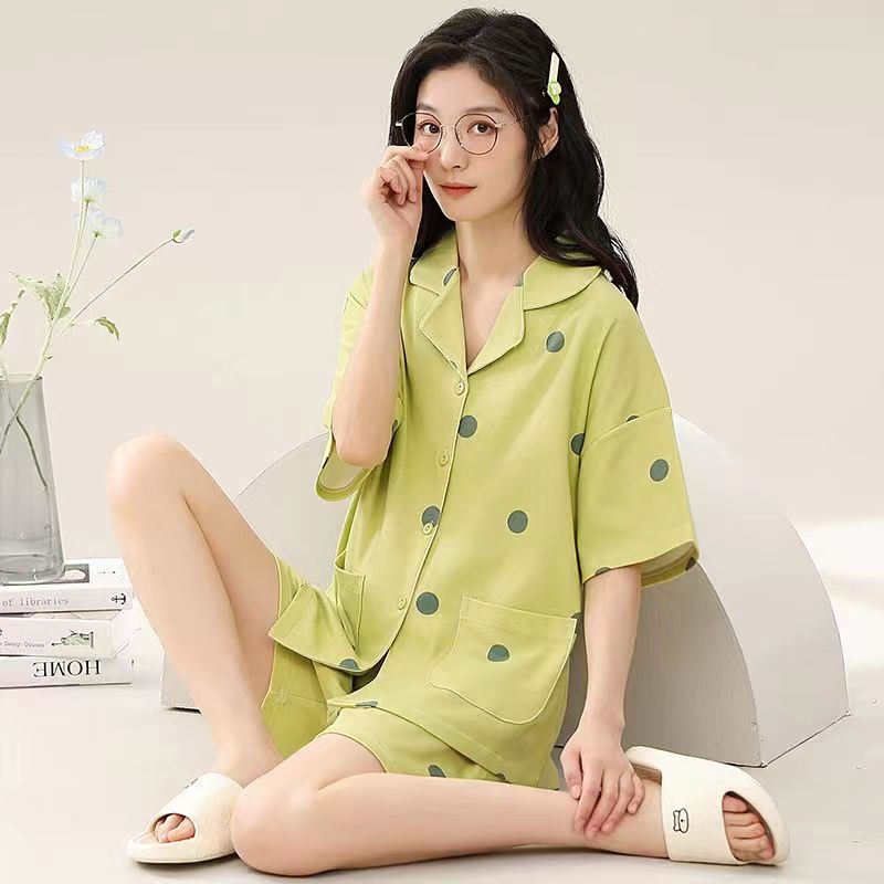 新款夏季睡衣女开衫翻领休闲时尚短袖短裤可外穿家居服套装薄款