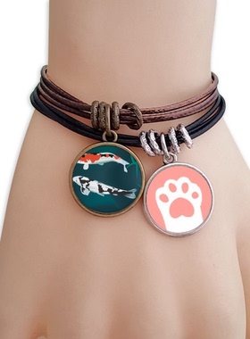 中国吉祥如意锦鲤悠闲图黑棕手链对饰品猫咪礼物礼品