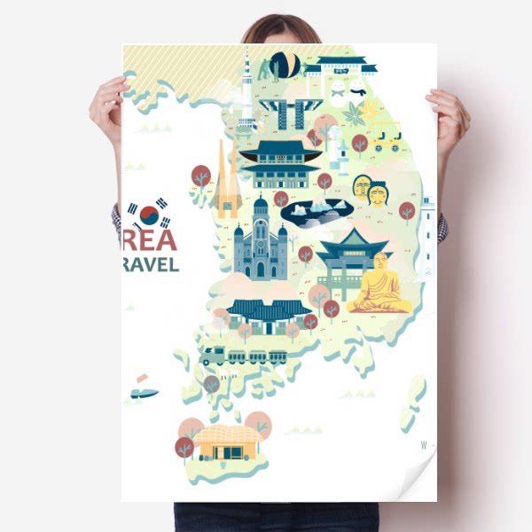 韩国旅行观光景点地图海报贴纸80x55cm墙贴纸卧室家居装饰