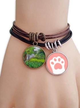 中国房屋农田树风景黑棕手链对饰品猫咪礼物礼品