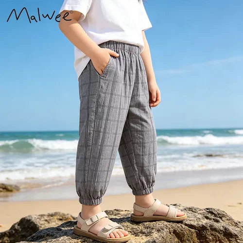 跨境malwee儿童休闲裤夏季新款洋气格子欧美中小童松紧腰柔软裤子