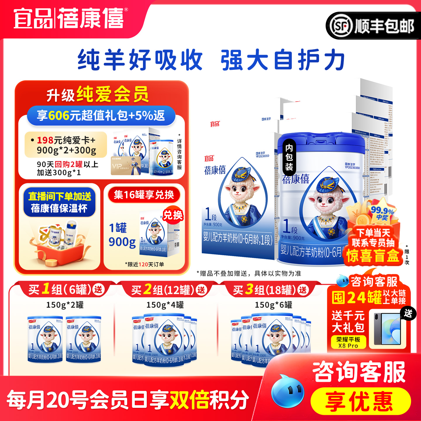 蓓康僖新生嬰兒羊奶粉1段900g*6