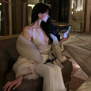 性感纯欲透视网纱波浪花边gucc1辣妹睫毛蕾丝吊带大U领挂脖两件套