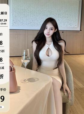 失效药丸【娇欲佳人】白色挂颈洋装女纯欲千金收腰包臀短裙子