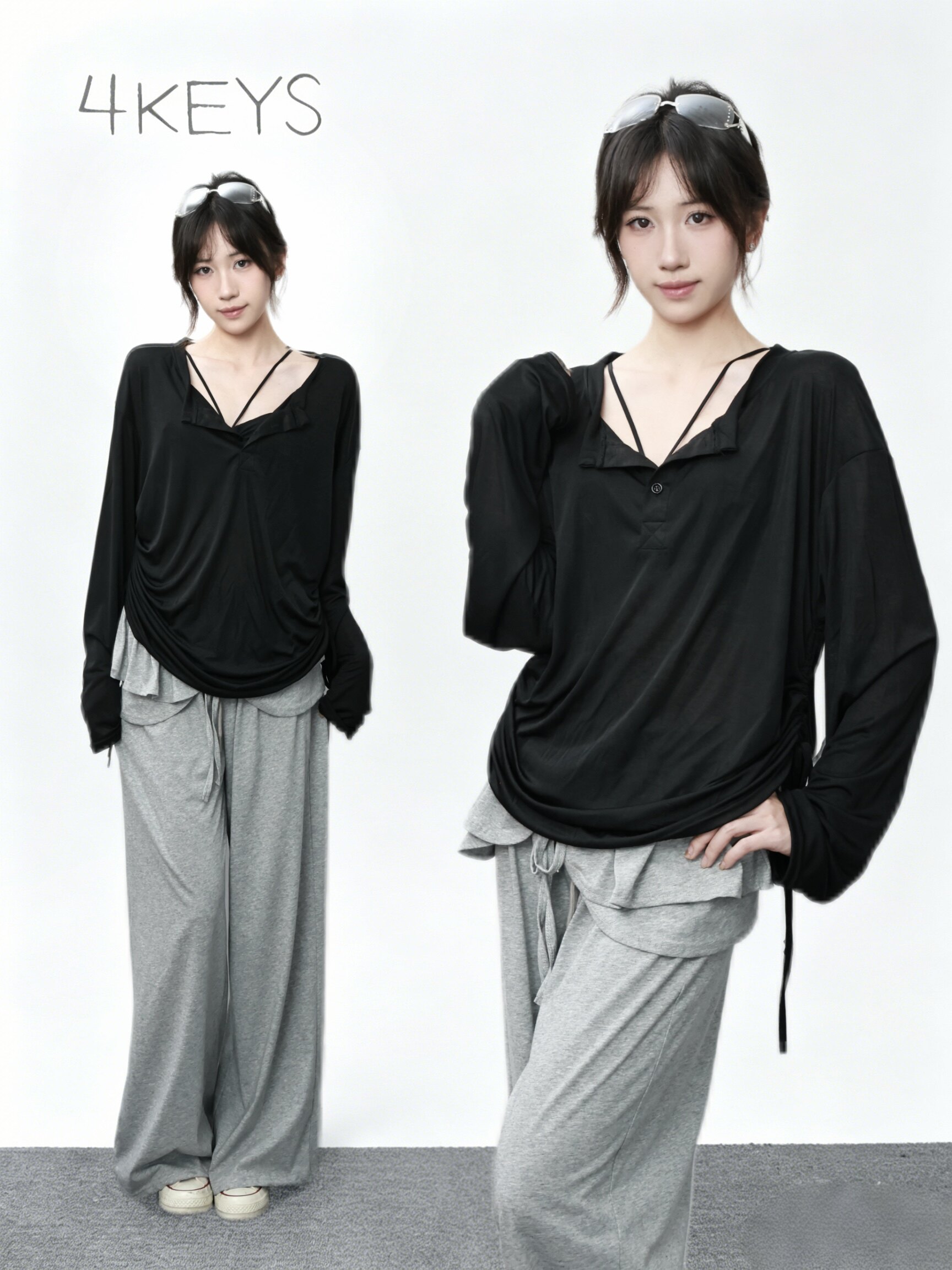 4KEYS自制双抽绳宽松黑色女夏罩衫v领纽扣长袖薄款oversize上衣