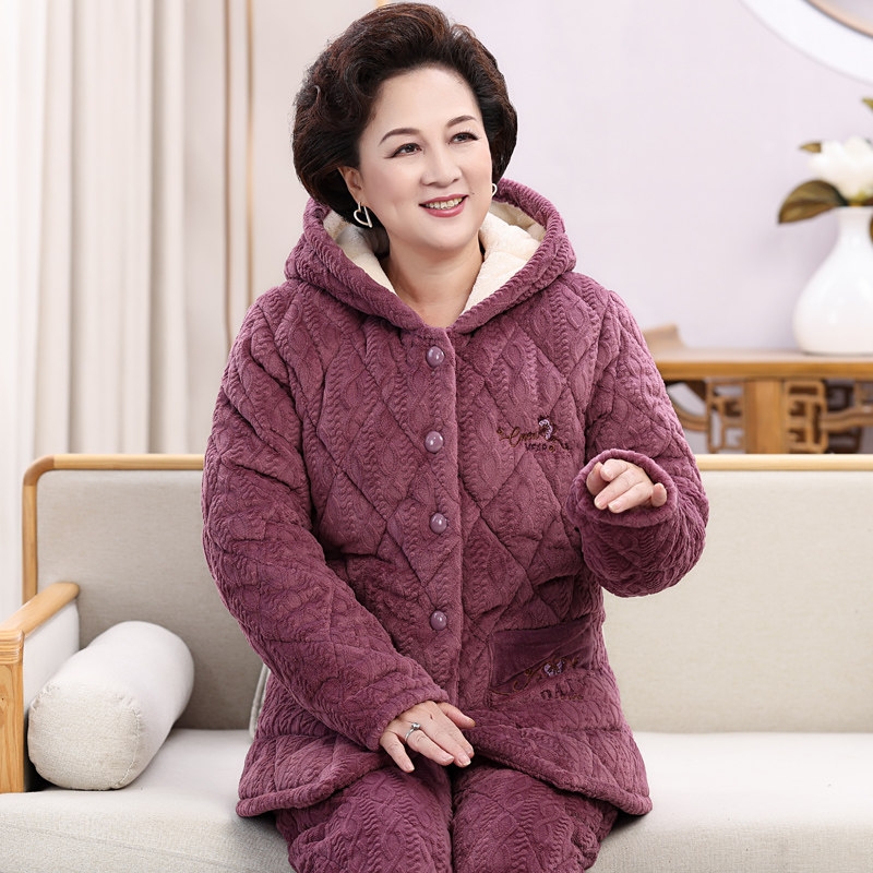 女士珊瑚绒夹棉加厚加绒睡衣冬季