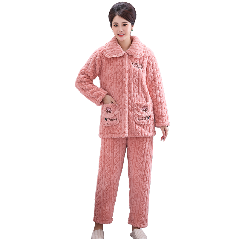 睡衣女士秋冬季珊瑚绒加厚中老年人法兰绒保暖加绒家居服妈妈冬款