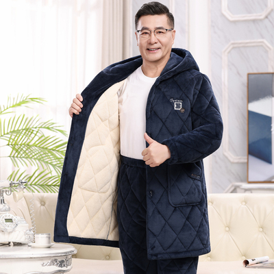 加长款连帽男士睡衣加厚珊瑚绒夹棉秋冬季中老年人爸爸家居服套装