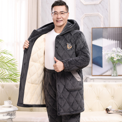 加长款连帽男士睡衣秋冬季珊瑚绒三层夹棉加厚加绒保暖家居服套装