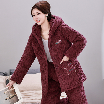 连帽睡衣女秋冬季三层加厚加绒