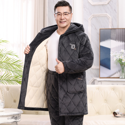 加长款连帽中老年男士睡衣秋冬季珊瑚绒加厚加绒夹棉袄家居服套装