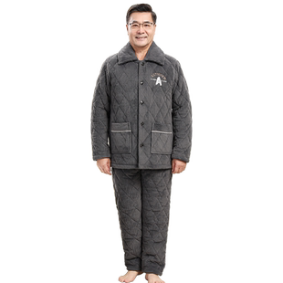 睡衣男士秋冬季三层加厚加绒珊瑚绒夹棉中老年保暖爸爸家居服冬款