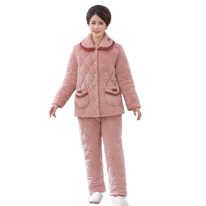 睡衣女秋冬季珊瑚绒三层夹棉加厚保暖加绒中老年家居服妈妈冬天款