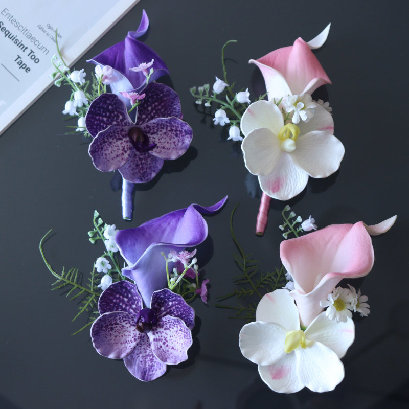 婚礼胸花手腕花粉紫色马蹄莲蝴蝶兰新郎新娘父母嫡长闺蜜夫商务