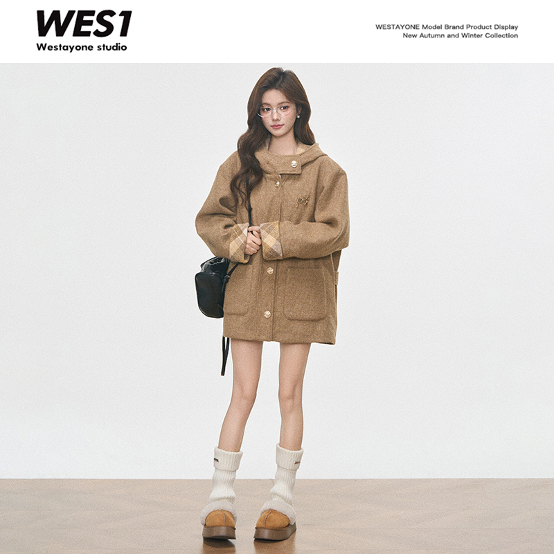 10.7新品WESTAYONE格纹拼接夹棉大衣女款2025新款外套
