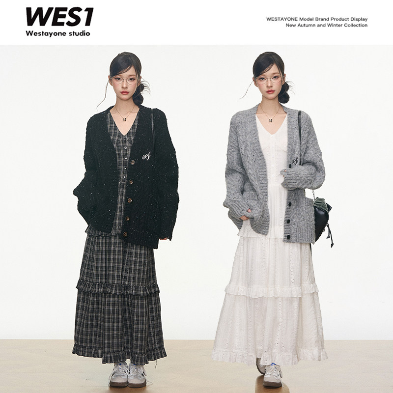 【小敏推荐】WESTAYONE宽松彩点毛衣开衫外套女灰色+连衣长裙