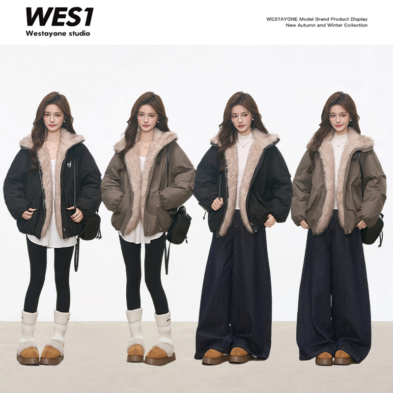 10.17新品 WESTAYONE 毛毛拼接棉服外套女棉衣2025新款显瘦高级感