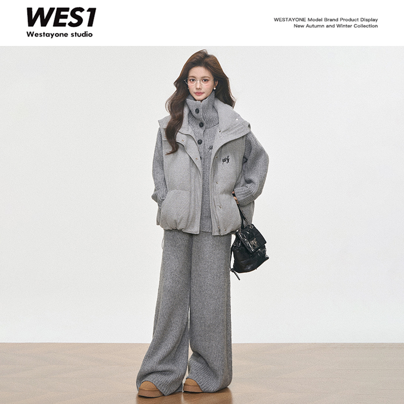 【林小雅专享】WESTAYONE马甲背心棉服套装女新款+针织套装